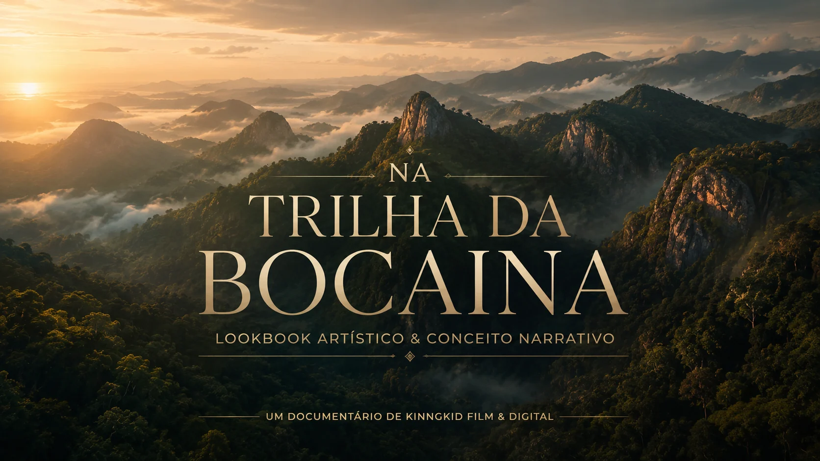Capa da apresentação artística de Na trilha da Bocaina, com montanhas e névoa ao amanhecer.