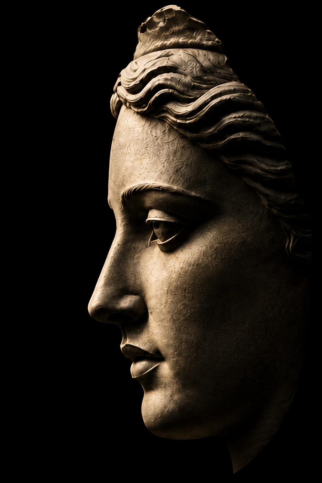 Estátua em tons dourados, em perfil.