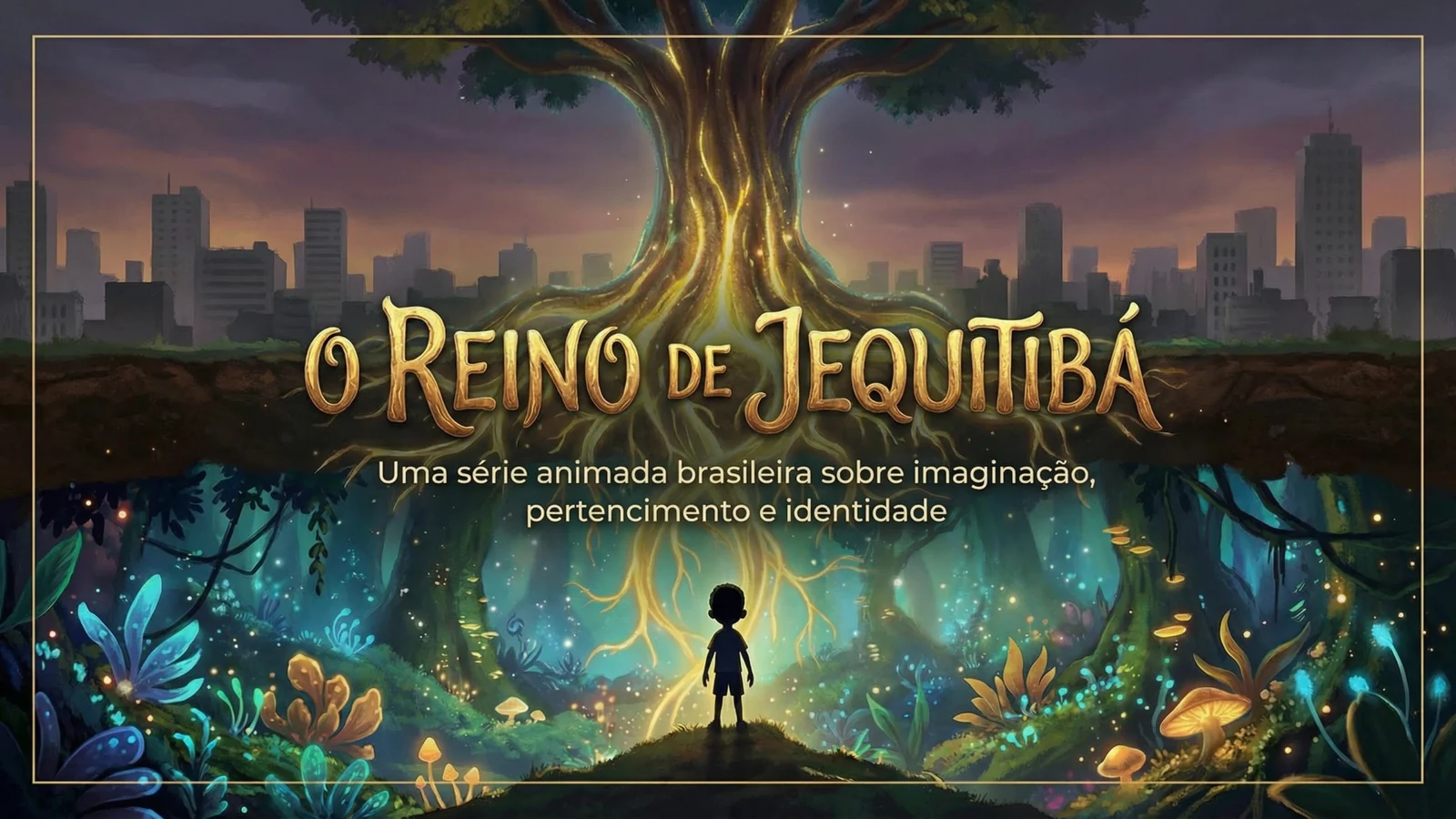 Arte de apresentação de O Reino de Jequitibá, com uma árvore que conecta a cidade a um mundo mágico subterrâneo.